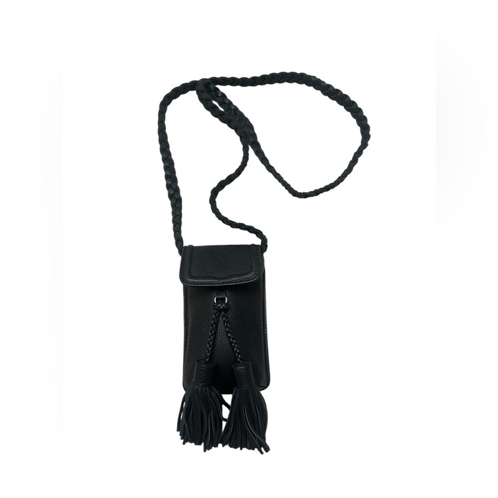 Rebecca Minkoff Black Leather Tassel Braided Strap Cell Phone Holder Pouch